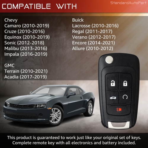 5 Button Flip Key Compatible with Allure Regal Camaro Equinox Cruze Sonic Terrain Impala Malibu Encore