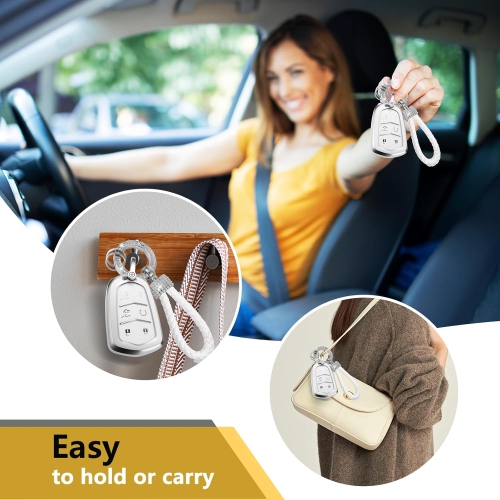 for Cadillac Key Fob Cover with Luxury Diamond Bling Braided Rope Keychain, Upgraded Soft Key Case