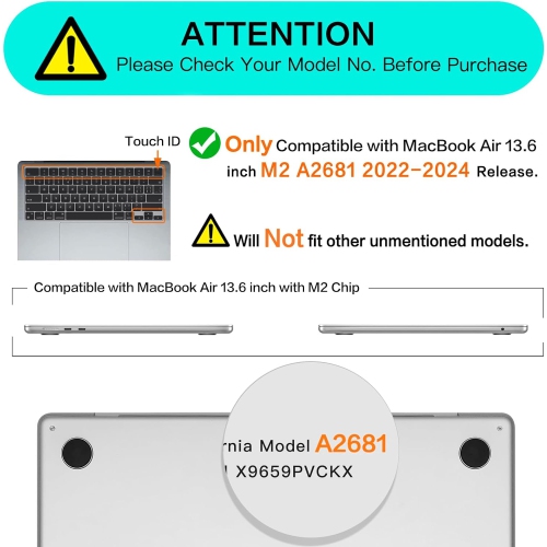 Compatible avec l'étui pour MacBook Air 13 po 2024 2023 2022 M3 A3113 M2 A2681 Touch ID, étui rigide et clavier