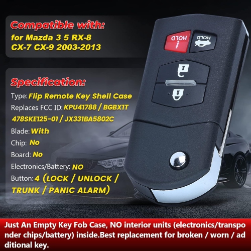 2 Pieces Flip Remote Car Key Fob Case Cover Shell Housing Replacement 4 Buttons for Mazda 3 5 RX-8 CX-7 CX-9