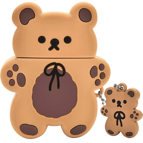 Cute AirPod 2/1 Case,Kawaii 3D Cartoon Teddy Bear Soft Silicone Protective Cover with Keychain Carabiner