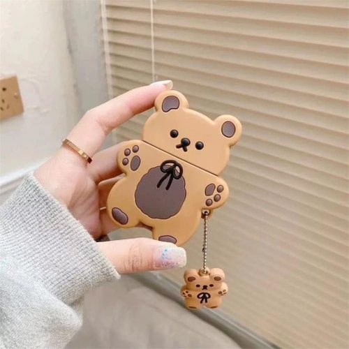 Cute AirPod 2/1 Case,Kawaii 3D Cartoon Teddy Bear Soft Silicone Protective Cover with Keychain Carabiner