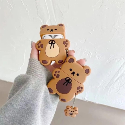 Cute AirPod 2/1 Case,Kawaii 3D Cartoon Teddy Bear Soft Silicone Protective Cover with Keychain Carabiner