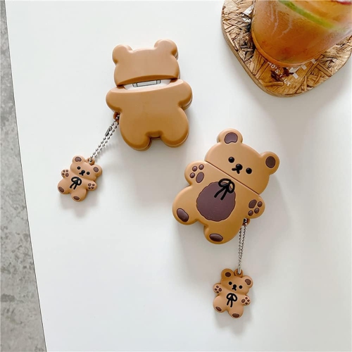 Cute AirPod 2/1 Case,Kawaii 3D Cartoon Teddy Bear Soft Silicone Protective Cover with Keychain Carabiner
