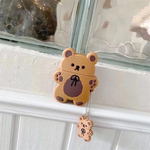 Cute AirPod 2/1 Case,Kawaii 3D Cartoon Teddy Bear Soft Silicone Protective Cover with Keychain Carabiner