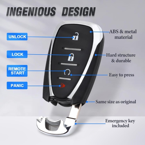 Keyles Entry Car Key Fob Case Shell Cover Replacement with Uncut Emergency Key 4-Buttons for Chevrolet Cruze