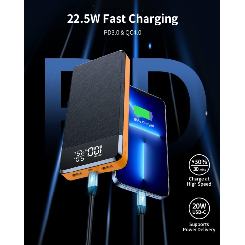 Power Bank 30000mAh, USB C 22.5W PD3.0 QC4.0 Fast Charge Portable Charger, 4.5A High Speed, 3 Outputs & 3 Inputs,
