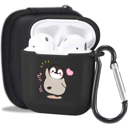 MAYCARI  Cute Penguin Case for Airpods 2&1 With Keychain, （Black） Animals Design Protective Soft Tpu Cover Compatible