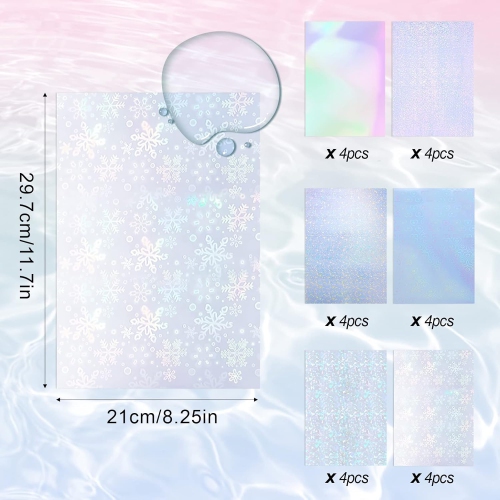 24 Sheets Holographic Vinyl Sticker, Waterproof Transparent Self Adhesive Holographic Laminate Film A4 Size