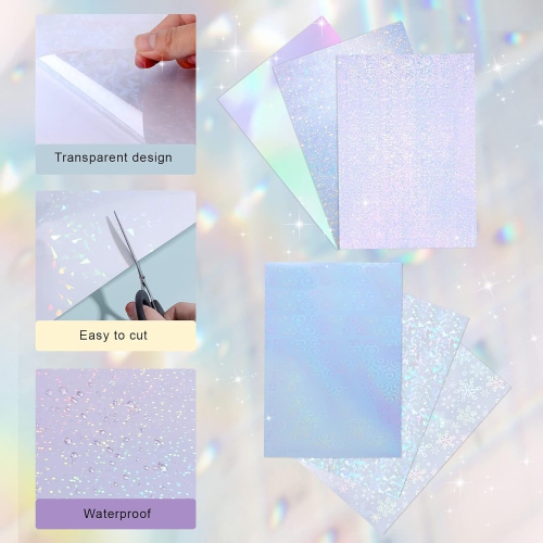24 Sheets Holographic Vinyl Sticker, Waterproof Transparent Self Adhesive Holographic Laminate Film A4 Size