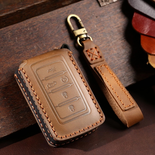 Key Fob Cover Accessories with Keychians Leather Key Case Shell 5 Buttons-Brown