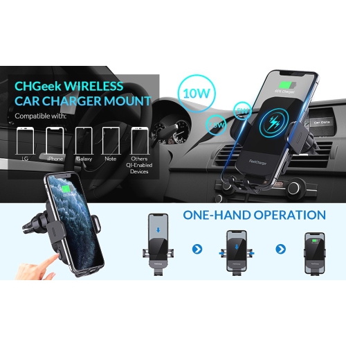 Car Wireless Charging Bracket, 15W Fast Charging, Dashboard Mounting, Mobile Phone Battery Wireless Charger, black