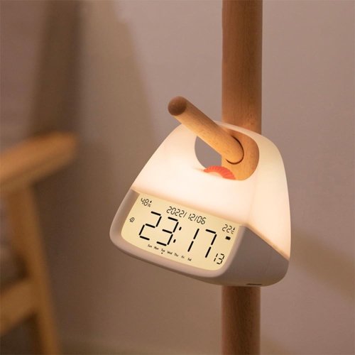 Portable Night Light Alarm Clock with Calendar, Temperature, Humidity Display, Desktop Atmosphere Light, Stepless Dimming