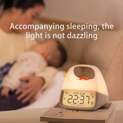 Portable Night Light Alarm Clock with Calendar, Temperature, Humidity Display, Desktop Atmosphere Light, Stepless Dimming