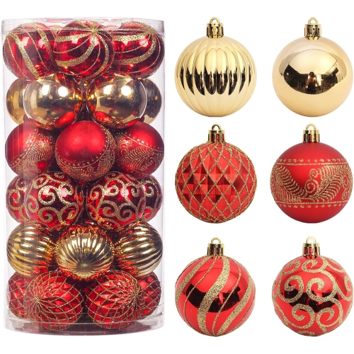 YOULIGHTS  30 PCs Christmas Tree Balls, 2.36" Christmas Ornament Decorations Shatterproof Ornaments Gold And Color Painted Christmas Baubles