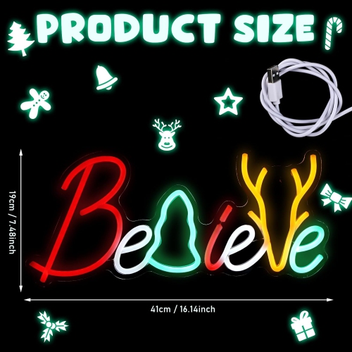 Christmas Neon Sign Lighted Believe Sign LED Neon Christmas Sign Neon Christmas Lights USB Powered for Neon Christmas Decorations Christmas Neon