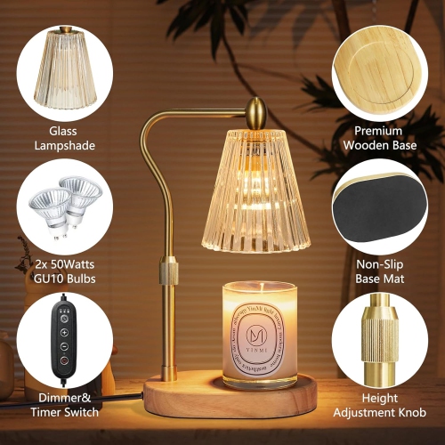 Lampe chauffe-bougie avec minuterie et gradateur à hauteur réglable, chauffe-bougie avec 2 ampoules pour bougies parfumées en pot Cadeaux de Noël