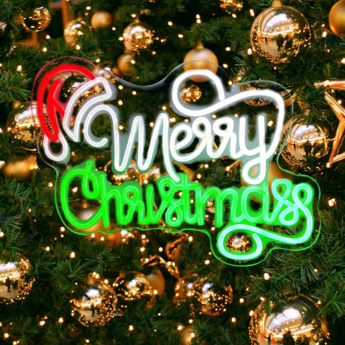 Merry Christmas Neon Signs 1 Pcs Merry Christmas Light Sign 16.1" x 12.2" Santa Hat Led Sign USB Powered Dimmable Switch Acrylic Board Neon Signs for