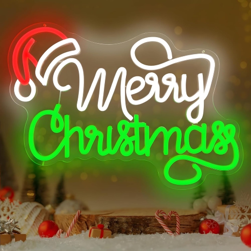 Merry Christmas Neon Signs 1 Pcs Merry Christmas Light Sign 16.1" x 12.2" Santa Hat Led Sign USB Powered Dimmable Switch Acrylic Board Neon Signs for