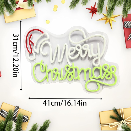Merry Christmas Neon Signs 1 Pcs Merry Christmas Light Sign 16.1" x 12.2" Santa Hat Led Sign USB Powered Dimmable Switch Acrylic Board Neon Signs for