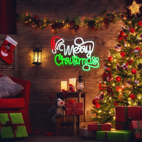 Merry Christmas Neon Signs 1 Pcs Merry Christmas Light Sign 16.1" x 12.2" Santa Hat Led Sign USB Powered Dimmable Switch Acrylic Board Neon Signs for