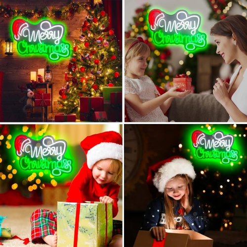 Merry Christmas Neon Signs 1 Pcs Merry Christmas Light Sign 16.1" x 12.2" Santa Hat Led Sign USB Powered Dimmable Switch Acrylic Board Neon Signs for