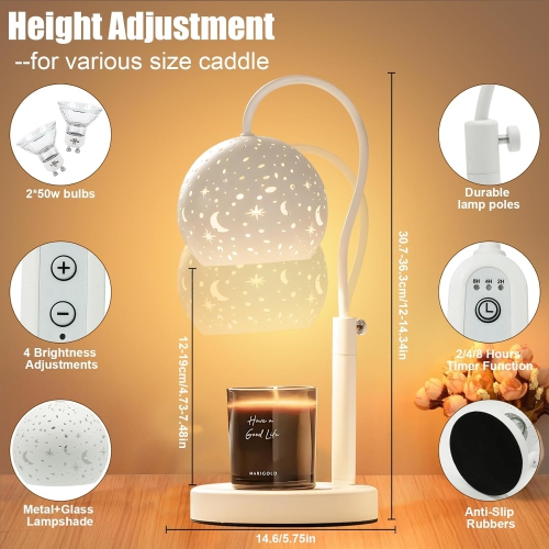 Candle Warmer Lamp with Dimmer 2/4/8H Timer Candle Lamp Warmer Adjustable Height with 2 Bulbs, Dimmable Electric Candle Warming Lamp