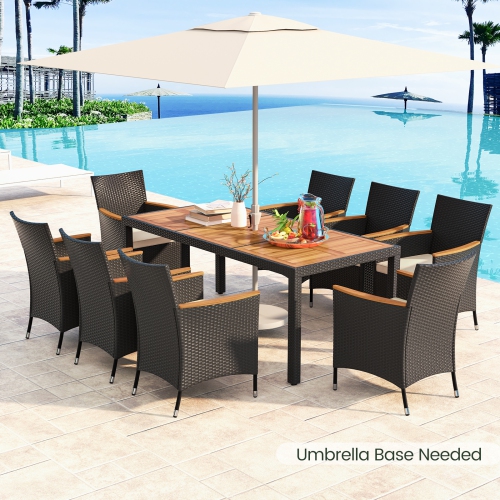 Costway 9 PCS Outdoor Dining Set with Acacia Wood Tabletop, Umbrella Hole, Seat Cushions