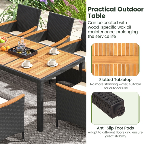 Costway 9 PCS Outdoor Dining Set with Acacia Wood Tabletop, Umbrella Hole, Seat Cushions