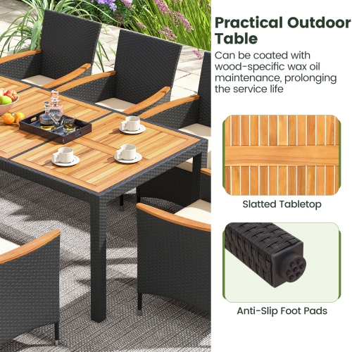 Costway 9 PCS Outdoor Dining Set with Acacia Wood Tabletop, Umbrella Hole, Seat Cushions