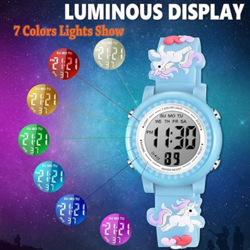 Kids Watches 3D Cartoon Waterproof 7 Color Lights Toddler Wrist Digital Watch with Alarm Stopwatch for 3-10 Year Girls Little Child