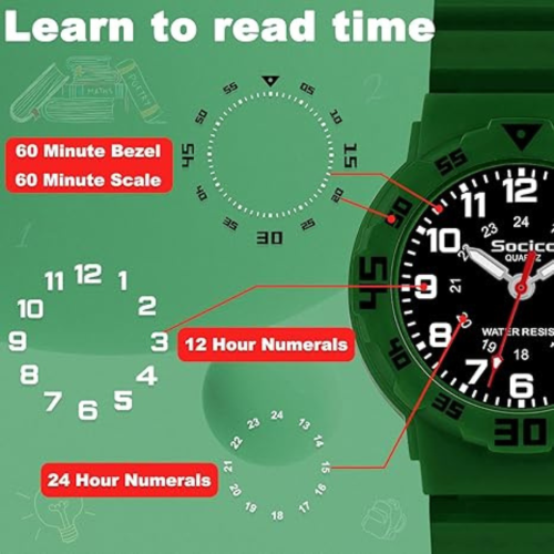 SOCICO Children Analog Watch Waterproof Time Teaching Easy to Read for Ages 4-12 Kids Boys Girls Watch Soft Band Wrist Watch Christmas Gift for Kids