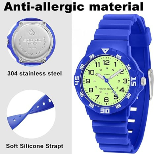 SOCICO Children Analog Watch Waterproof Time Teaching Easy to Read for Ages 4-12 Kids Boys Girls Watch Soft Band Wrist Watch Christmas Gift for Kids