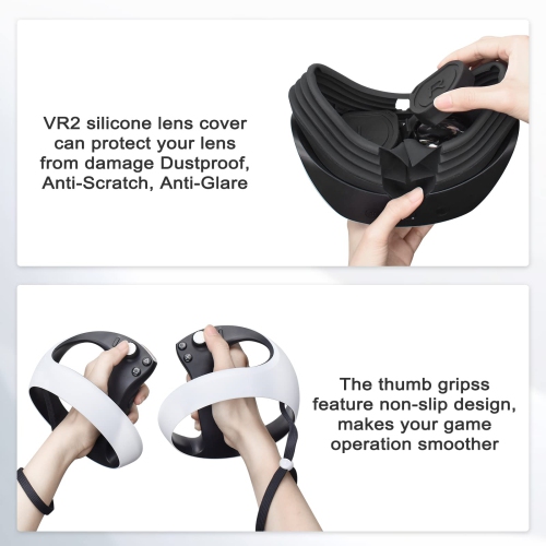 VR Protector Cover Set for Playstation VR2, Silicone PSVR2 Headset Cover & Face Cushion Cover Pad & Lens Dust Cover & 2 Pack Controller Thumb Grips