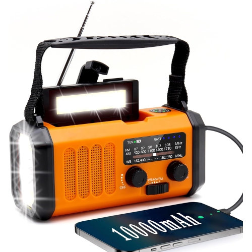 Emergency Hand Crank Weather Radio with 10000mAh Battery Backup,Type-C Charging Portable Solar AM FM NOAA Radio with USB Charger,Flashlight,Reading L