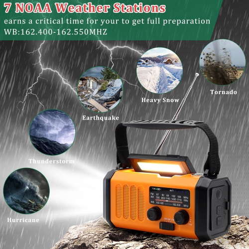 Emergency Hand Crank Weather Radio with 10000mAh Battery Backup,Type-C Charging Portable Solar AM FM NOAA Radio with USB Charger,Flashlight,Reading