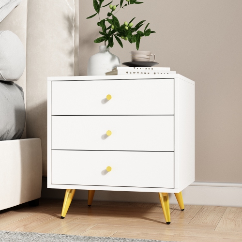 Homsee Modern 3-Drawer Nightstand with Gold Accents and Ample Storage for Bedroom or Living Room White