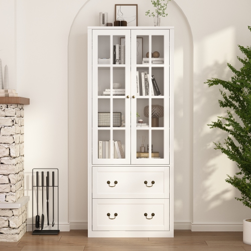 Homsee Elegant Glass Door Bookcase with Adjustable Shelves and Spacious Drawers for Living Room or Home Office Storage White