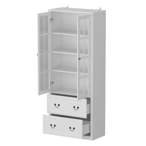 Homsee Elegant Glass Door Bookcase with Adjustable Shelves and Spacious Drawers for Living Room or Home Office Storage White