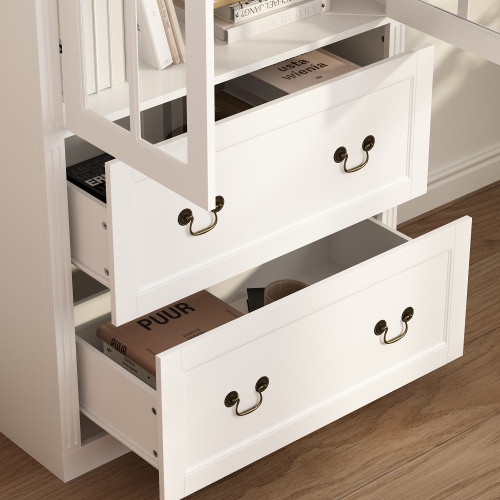 Homsee Elegant Glass Door Bookcase with Adjustable Shelves and Spacious Drawers for Living Room or Home Office Storage White