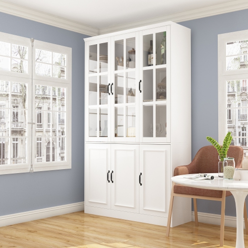 Homsee Tall Pantry Cabinet with Glass Doors, Adjustable Shelves, and Ample Storage for Kitchen or Dining Room White