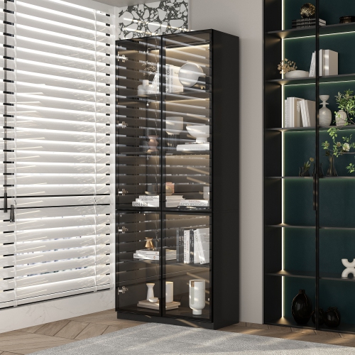 Homsee Sleek Display Cabinet with Glass Doors, Adjustable Shelves, and Integrated LED Lighting Black