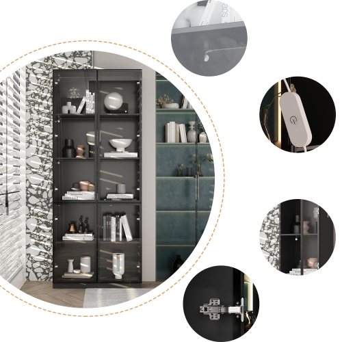 Homsee Sleek Display Cabinet with Glass Doors, Adjustable Shelves, and Integrated LED Lighting Black