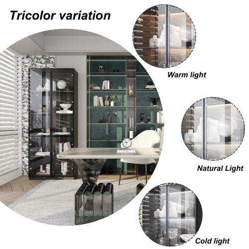 Homsee Sleek Display Cabinet with Glass Doors, Adjustable Shelves, and Integrated LED Lighting Black