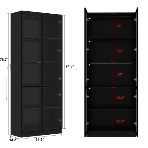 Homsee Sleek Display Cabinet with Glass Doors, Adjustable Shelves, and Integrated LED Lighting Black
