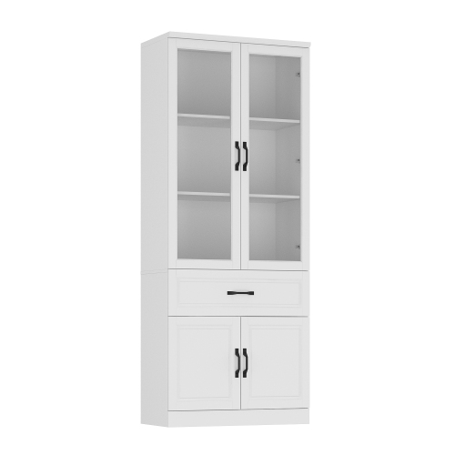 HOMSEE  Tall Kitchen Pantry Cabinet w Glass Doors, Shelves, And Drawers, Freestanding Storage Solution for Kitchen Or Dining Room (31.5" W X 15.7" D