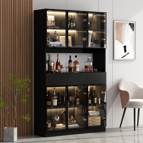 Homsee Tall Glass Display Cabinet with Storage Drawers and Shelves, Freestanding Curio Cabinet for Living or Dining Room Black