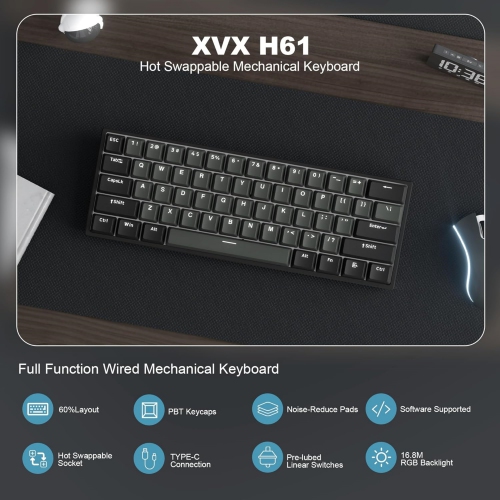 60 Percent Keyboard with Hot Swappable - Mechanical Black Keyboard, RGB Backlit Wired Gaming Keyboard, PBT Cherry Keycaps, Pre-lubed Linear Switch,