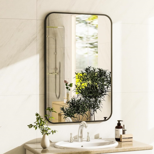 NIERBO  Round Corner Top Bathroom Mirror 20"x28" Rectangle Aluminum Frame Mirror Hanging Entryway Wall Mirror Bedroom Decorative Mirror Living Room