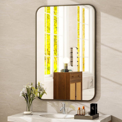 NIERBO  Round Corner Top Bathroom Mirror 26"x38" Rectangle Aluminum Frame Mirror Hanging Entryway Wall Mirror Bedroom Decorative Mirror Living Room